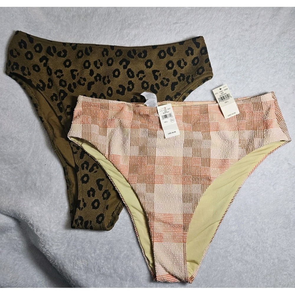Aerie Nwt Bikini Bottom High Cut Cheeky Lot Of 2 Size Large Leopard And Checked